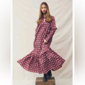 Ophelia & Indigo Sophia Dress Burgundy Hydrangea Block Print Cotton Sz S